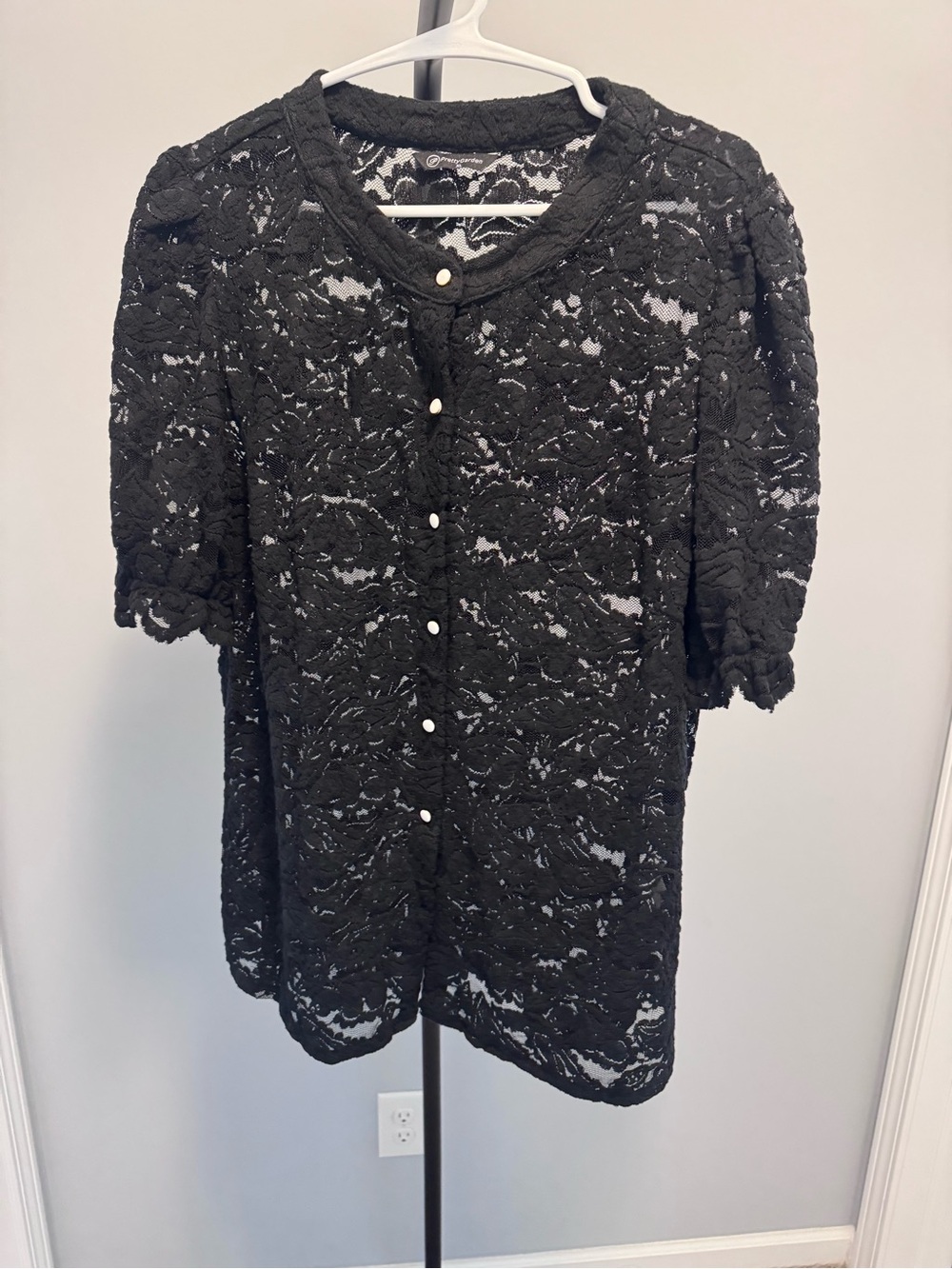 Women's Black Lace Button-Front Shirt with Puff Sleeves